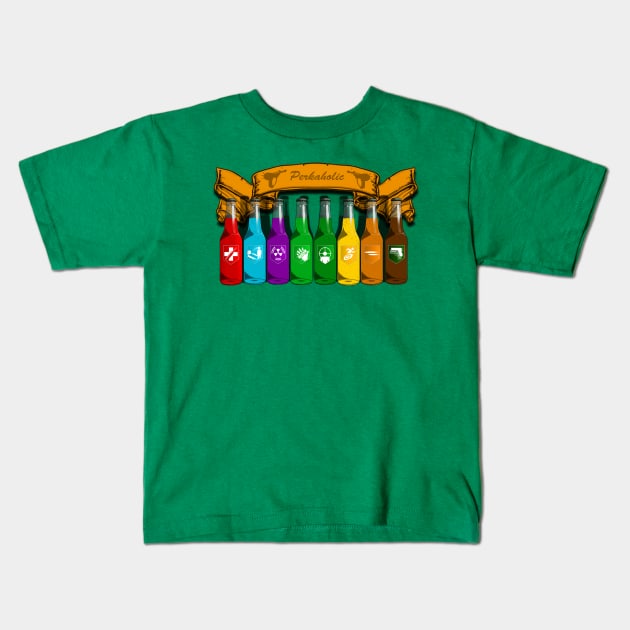Zombie Perks Top Shelf Perkaholic on Leaf Green Kids T-Shirt by LANStudios